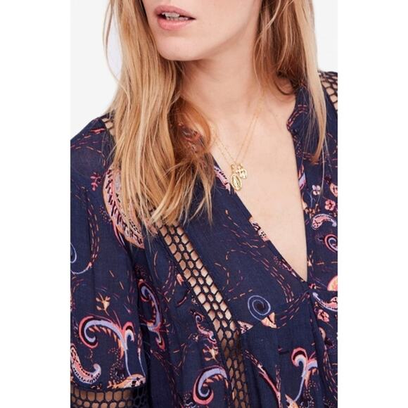 Free People Just The Two Of Us Paisley Blue Tunic Top Dress Size S - Picture 2 of 12